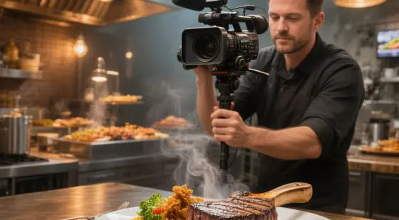 Оператор фиксирует горячее блюдо с поднимающимся паром в рабочей ресторанной кухне, пользуясь Food вилеосъемкой