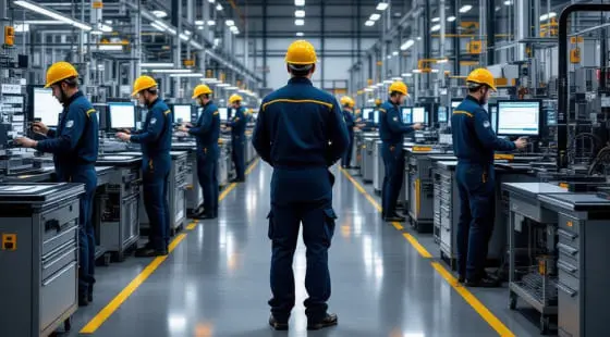 Сотрудники в синей форме и желтых касках работают за компьютерными станциями в современном цехе, формируя кадр в стиле Видео о предприятии