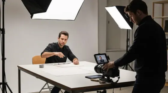 Оператор с камерой на штативе снимает мужчину за столом в белой студии, используя подход, характерный для Видеоинструкций