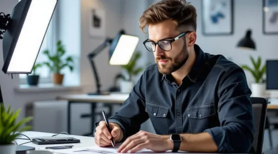 Бородатый мужчина в темной рубашке пишет ручкой на бумаге за светлым столом, оформляя заметки в формате Видеоконтента для сайта