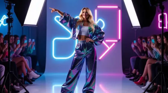 Блондинка в блестящем костюме позирует на неоновом подиуме перед зрителями — яркая сцена, идеально подходящая для видеоконтента для соцсетей