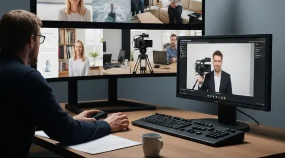 Оператор в очках управляет видеозвонком за столом с тремя мониторами — рабочая сцена, которую часто используют при видеомонтаже материала