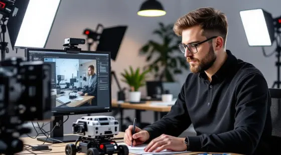 Бородатый мужчина в очках работает за столом с камерой и монитором, фиксируя процесс для Видеообзоров продукции