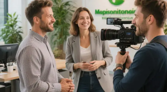 Оператор снимает разговор сотрудников в современном офисе с логотипом компании, создавая сцену для Видеороликов о компании