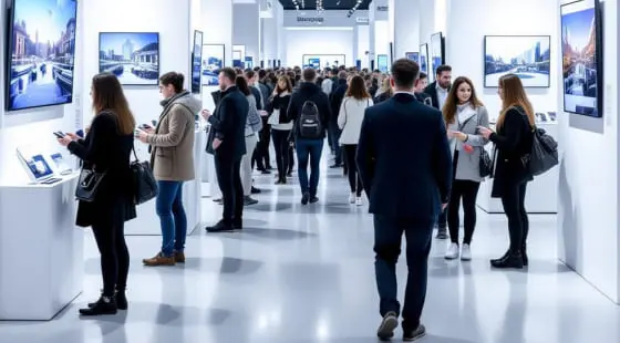 Люди в выставочном зале изучают контент на больших экранах и взаимодействуют с устройствами, кадр выполнен в формате Видеосъемки выставок