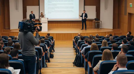 Оператор снимает спикера на сцене с проекционными слайдами, создавая контент для Видеосъемки курсов