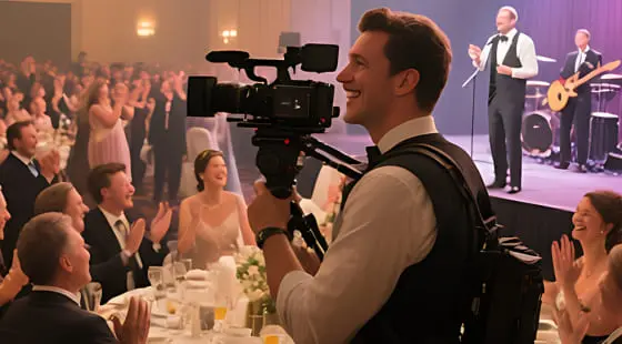 Оператор в жилете снимает праздничное событие с гостями и артистами на сцене, создавая материал для Видеосъемки мероприятий