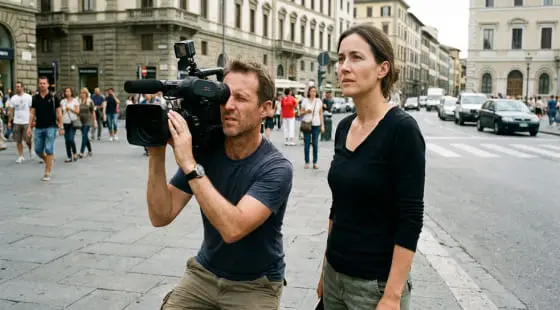 Оператор с камерой на плече фиксирует женщину среди прохожих и старинной архитектуры, создавая сцену для документального фильма