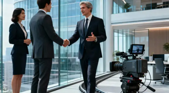 Два бизнесмена в костюмах обмениваются рукопожатием у окна с видом на город, камера на рельсах снимает сцену для имиджевого фильма компании