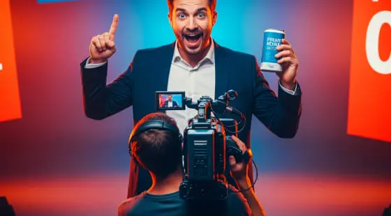 Мужчина в костюме с восторженным выражением держит банку и показывает палец вверх перед камерой на штативе, сцена снята для коммерческого видео