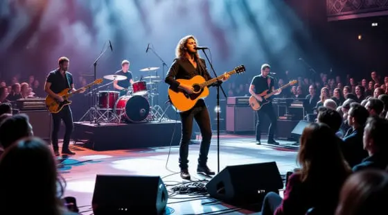 Певица с акустической гитарой поет в микрофон на сцене под прожекторами, рядом музыканты с гитарами и барабанами, зрители реагируют, все запечатлено в формате концертной видеосъемки