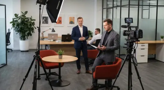 Два мужчины в костюмах ведут беседу в светлом офисе, один сидит с планшетом, другой стоит, рядом камера и свет, сцена оформлена для корпоративного фильма
