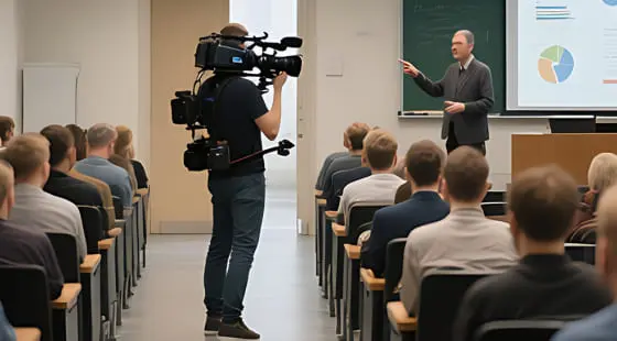 Оператор с камерой на плече снимает преподавателя у доски и проектора перед студентами, материал подготовлен для лекции или семинара