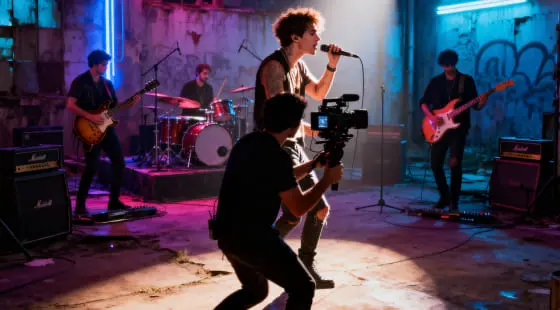 Оператор с камерой снимает рок-группу на сцене в индустриальном помещении с граффити, вокалист поет, музыканты играют на гитарах и барабанах, материал в формате музыкального видеоклипа