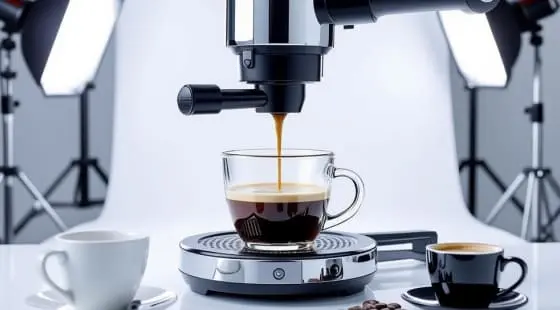 Эспрессо льется из кофемашины в прозрачную чашку на белом фоне, рядом аксессуары и зерна кофе, сцена снята в формате предметной съемки