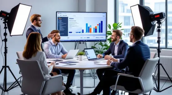 Коллеги в деловой одежде сосредоточенно рассматривают графики на экране, оператор фиксирует процесс для презентационного фильма команды