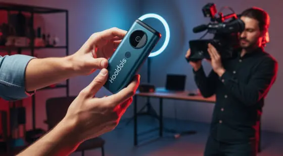 Руки держат синий гаджет «Hooloos» на фоне кольцевой лампы, оператор фиксирует процесс в студии, подготовленной для продуктовой видеосъемки