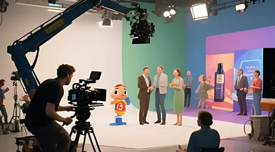 Операторы фиксируют взаимодействие актеров с анимированным персонажем «13» на фоне цифрового экрана с продуктом, сцена подготовлена для производства видеоконтента