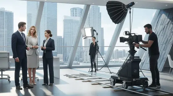 Три бизнесмена обсуждают проект у окна с видом на город, оператор фиксирует процесс для эксплейнера о компании