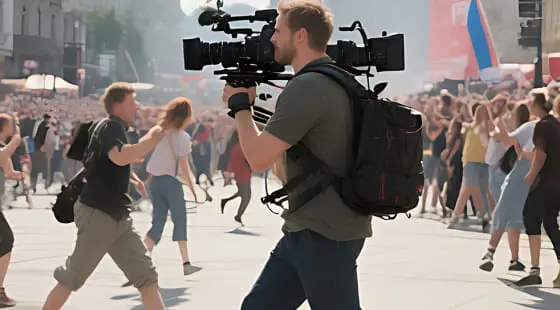 Мужчина с камерой на плече фиксирует танцующую толпу на улице в солнечный день, люди в движении, виден флаг, работа ведется для видеорепортажа с фестиваля