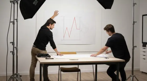 Два мужчины в черной одежде работают за столом в студии: один указывает на рисованный график на доске, другой делает заметки, рядом студийные светильники, все для создания видеоуроков