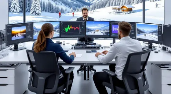 Двое трейдеров (мужчина и женщина) работают за столом с несколькими экранами, на которых графики и панорама зимнего курорта, оператор снимает для создания интро-заставки