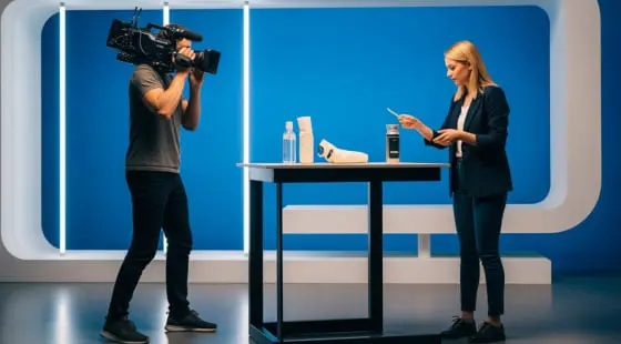 Женщина в костюме демонстрирует гаджет за столом на фоне синей стены со световыми линиями, оператор снимает для промо ролика