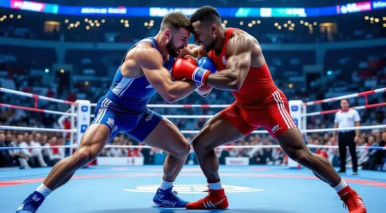 Боксер в синей форме и боксер в красной форме обмениваются ударами в ринге, оператор снимает спортивное событие, на фоне зрителей и яркого освещения арены