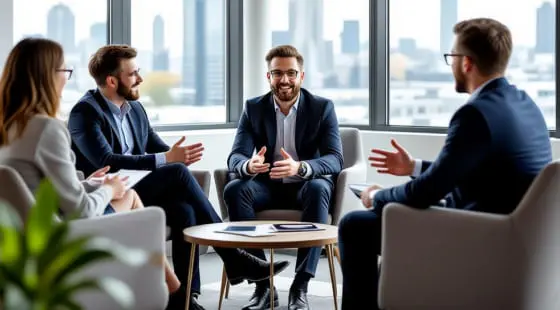 Четверо коллег в деловой одежде сидят в креслах у окна с видом на город, активно общаются, на столе ноутбуки и документы, оператор снимает hr-видеоролики