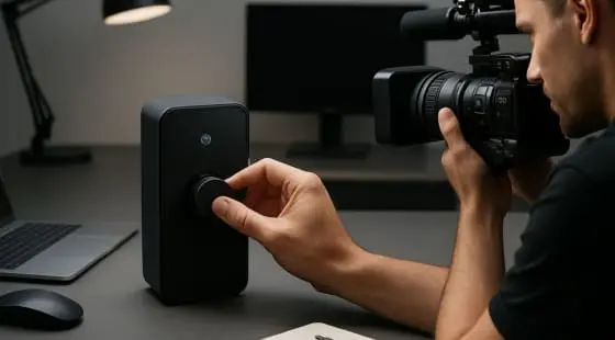 Мужчина снимает камерой руку, крутящую регулятор на черном умном устройстве за столом, рядом ноутбук и лампа, атмосфера сосредоточенная, оператор снимает видео о товарах