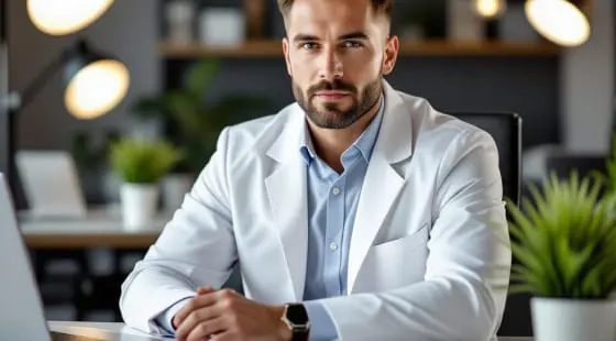 Мужчина в белом халате и голубой рубашке сидит за столом с ноутбуком, смотрит в камеру, фон — современный офис с растениями и лампами, оператор снимает видео-интервью