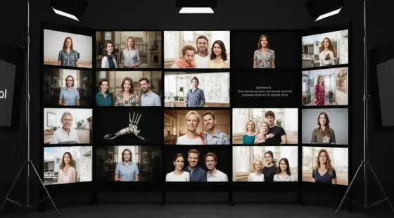 Кривая видео-стена из множества экранов показывает разные семьи в домашней обстановке, фон — темная студия со светильниками, оператор снимает видеоролик для маркетплейсов