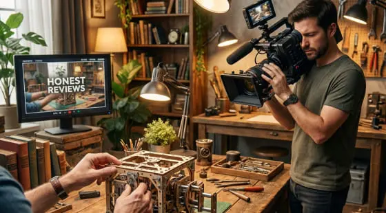 Оператор с камерой снимает процесс сборки деревянного механизма за столом в мастерской, на мониторе — заголовок «HONEST REVIEWS», вокруг инструменты и книги, создавая видеоролики для каталога вещей