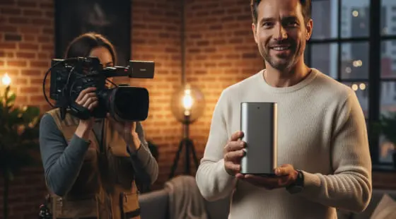 Улыбающийся мужчина в светлом свитере держит серебристый гаджет, оператор с камерой снимает его на фоне кирпичной стены и теплого света, создавая продающее видео