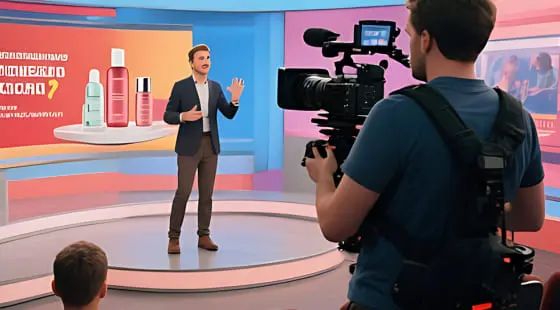 Мужчина в костюме жестикулирует перед камерой на яркой студийной площадке с товарами, создавая динамичный видеоконтент для рекламы