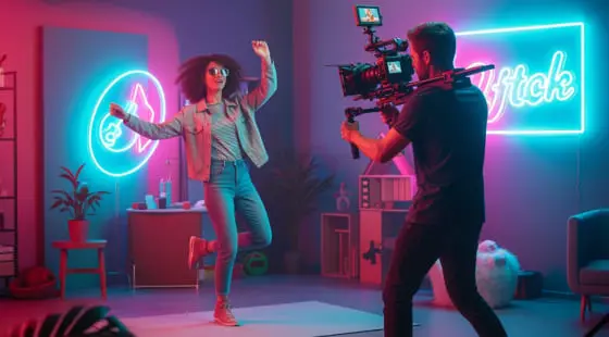 Девушка в джинсах и куртке танцует на фоне неоновых логотипов, оператор с камерой на стабилизаторе снимает ее, создавая видеоконтент для соцсетей