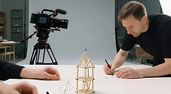 Мужчина в черной футболке рисует на бумаге рядом с деревянным макетом здания, оператор с камерой на штативе снимает процесс, создавая видеоуроки по архитектуре
