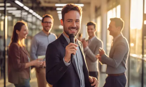 Мужчина с микрофоном среди коллег в светлом офисе