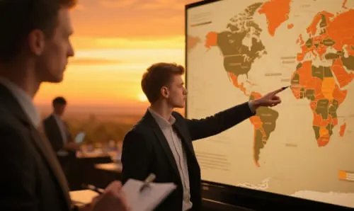 Презентация международных инициатив на интерактивной карте — кадр для корпоративного кино.