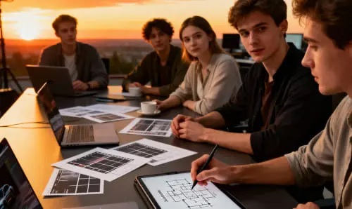 Команда обсуждает проект — этап создания заказного видеоконтента.