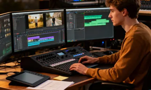Монтажер в студии: подготовка к съемке видео на сайт.