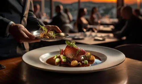 Официант подает блюдо — атмосферный кадр для рекламы ресторана.