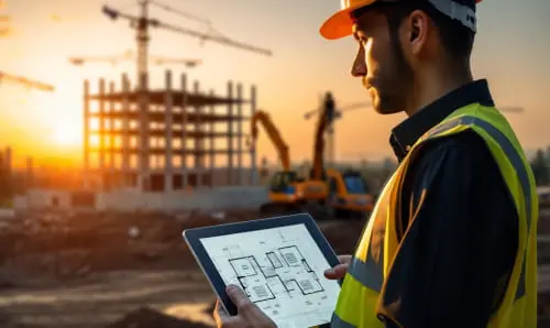 Инженер на стройплощадке с планшетом — визуал для отраслевого обзора.