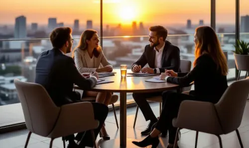 Четверо коллег обсуждают проект за круглым столом на фоне города