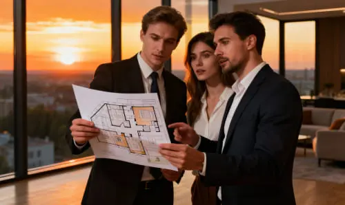 Сотрудники рассматривают детали плана — сцена для девелоперской компании.