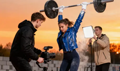Женщина поднимает штангу на съемочной площадке при закате