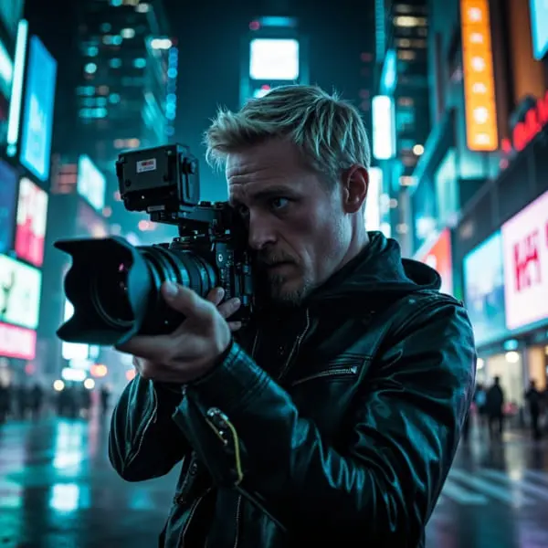 Оператор в работе на неоновой улице — визуальный стиль, который мы создаем в видео для маркетплейсов.