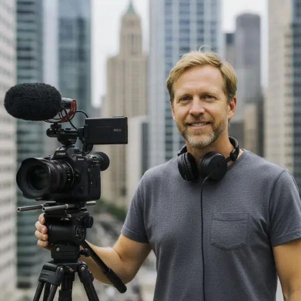 Оператор работает с камерой на фоне городского ландшафта.