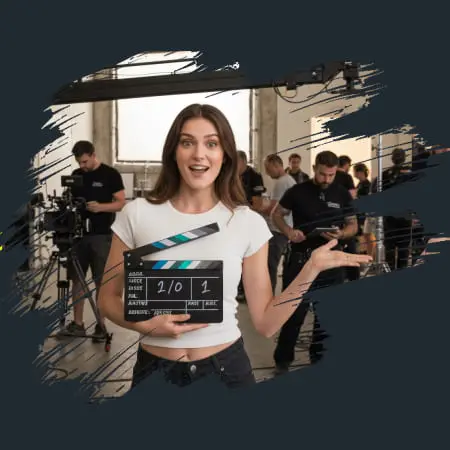 Режиссёр с клипбордом руководит командой во время производства видеороликов на площадке