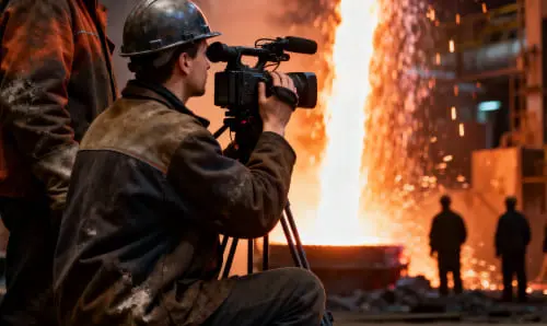 Оператор снимает промышленный процесс для презентационного ролика предприятия